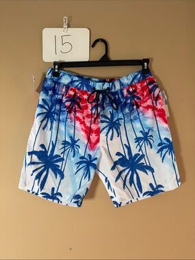 Men's Tropical Palm-Print Swim Trunks in Blue & Red